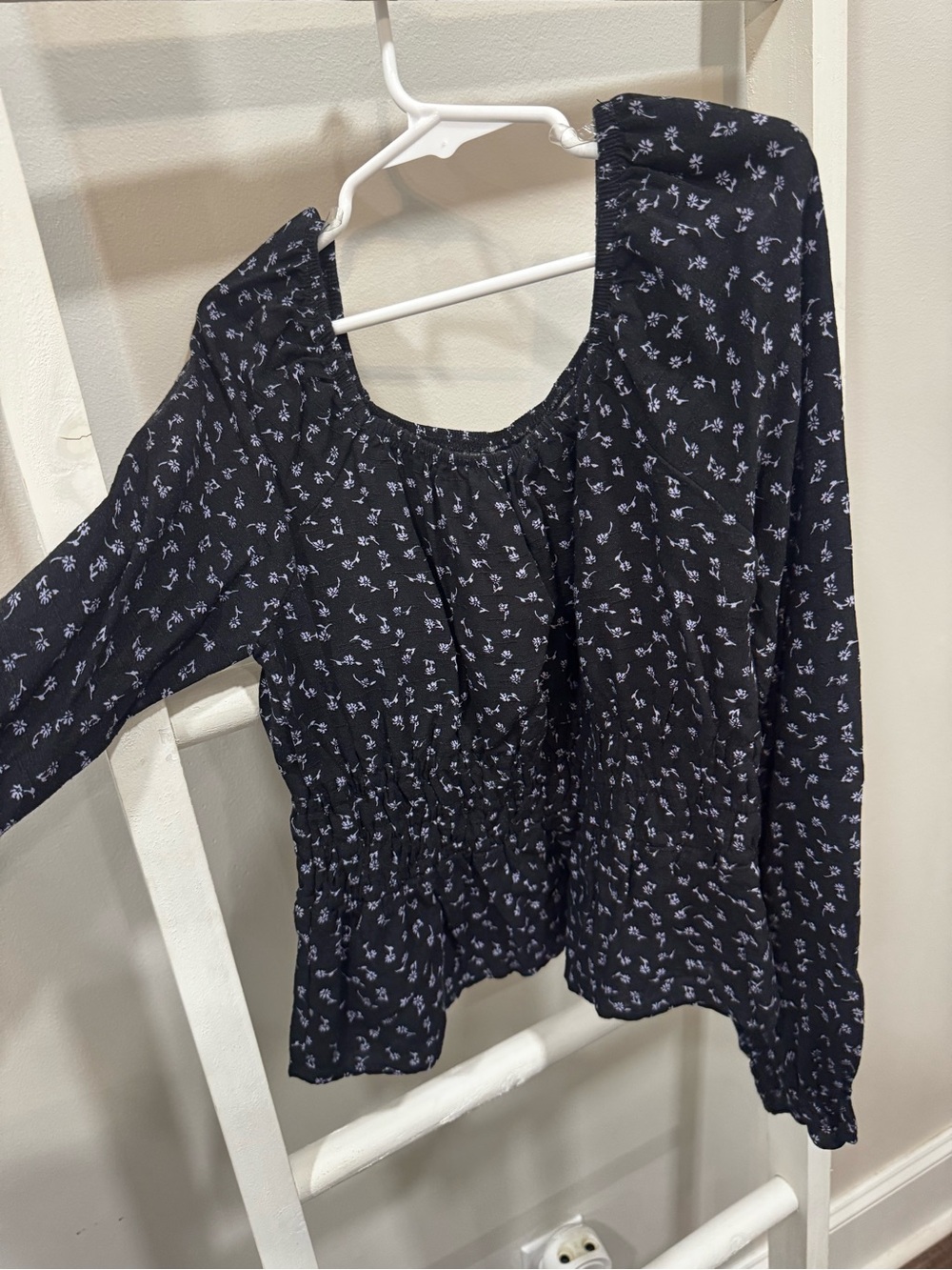 art class Black Floral Smocked-Waist Long-Sleeve Top
